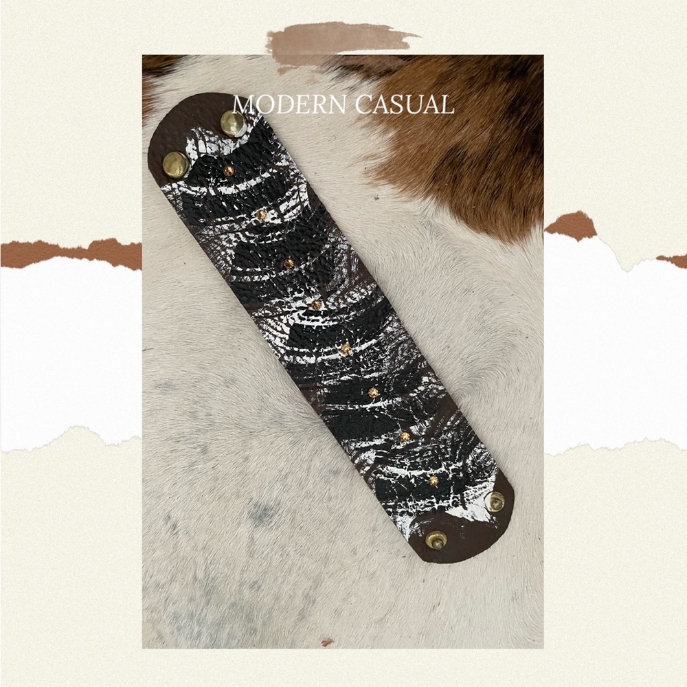 Hand painted soft leather bracelet with topaz Swarovski crystals. 8”